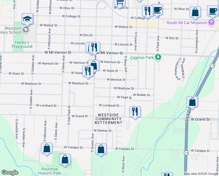 map of restaurants, bars, coffee shops, grocery stores, and more near 2603 West Madison Street in Springfield