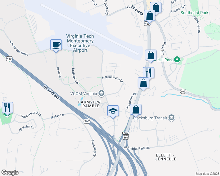 map of restaurants, bars, coffee shops, grocery stores, and more near 211 South Knollwood Drive in Blacksburg