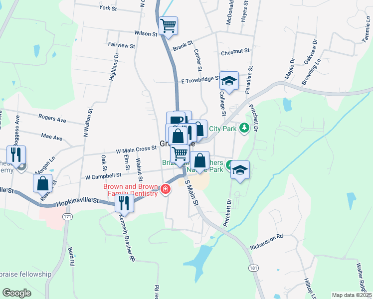 map of restaurants, bars, coffee shops, grocery stores, and more near 100 Main Street in Greenville
