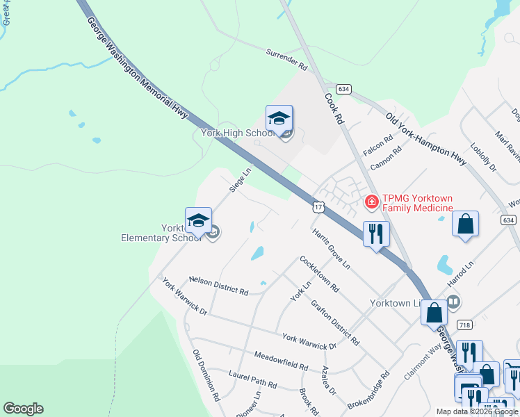 map of restaurants, bars, coffee shops, grocery stores, and more near 105 Perdue Court in Yorktown