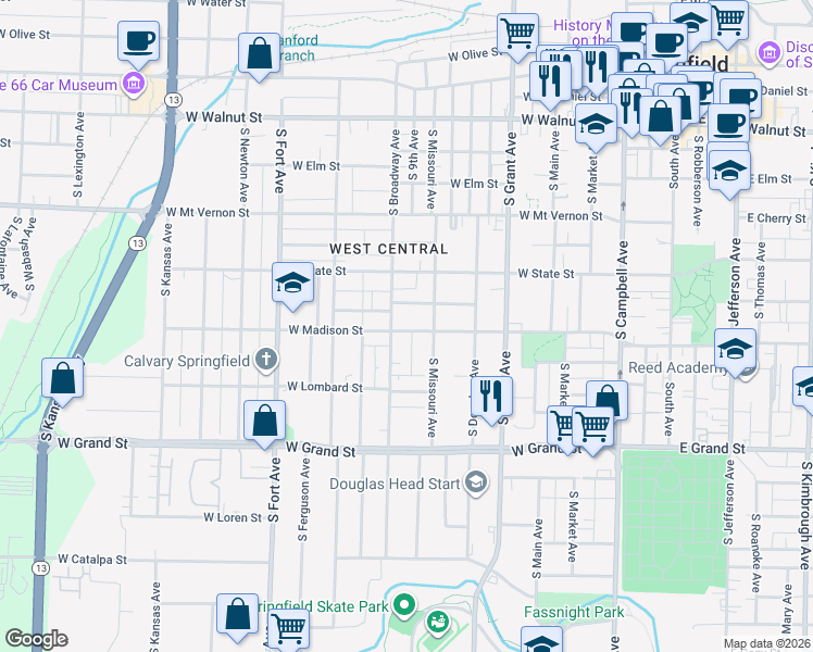map of restaurants, bars, coffee shops, grocery stores, and more near 818 South Broadway Avenue in Springfield