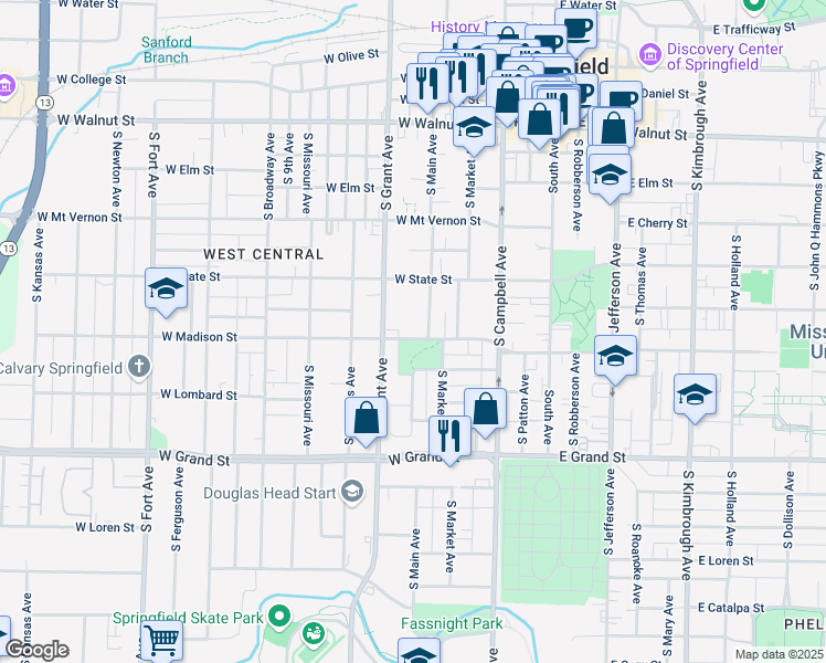 map of restaurants, bars, coffee shops, grocery stores, and more near 613 West Madison Street in Springfield