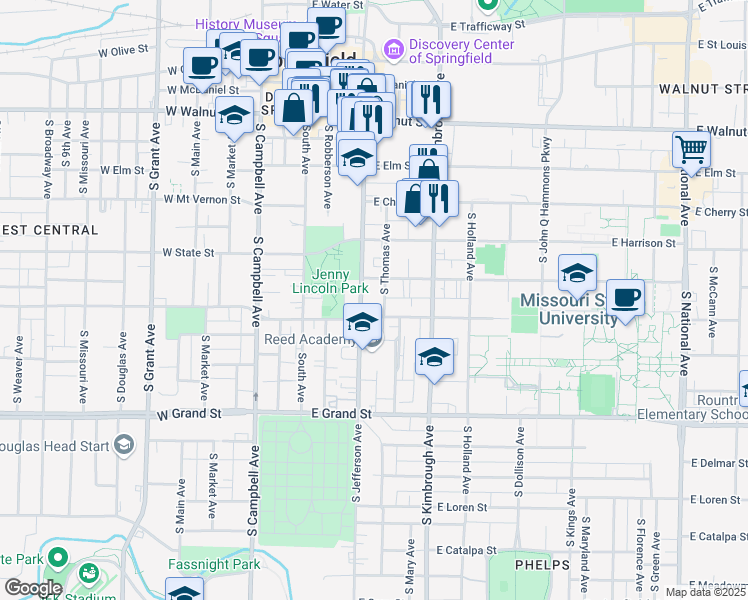 map of restaurants, bars, coffee shops, grocery stores, and more near 722 South Jefferson Avenue in Springfield