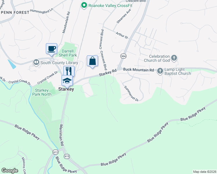 map of restaurants, bars, coffee shops, grocery stores, and more near 5729 Graceland Dr in Roanoke