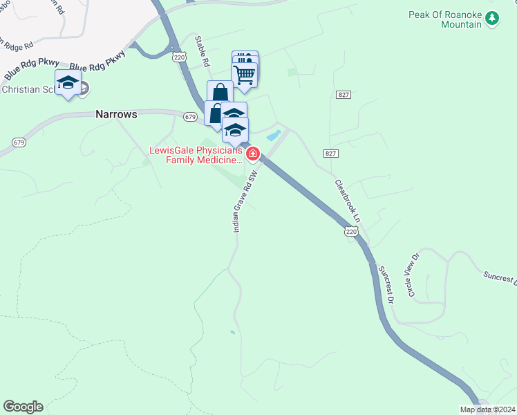 map of restaurants, bars, coffee shops, grocery stores, and more near 5388 Laurel Crest Lane in Roanoke