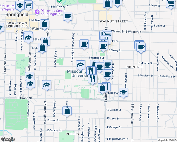map of restaurants, bars, coffee shops, grocery stores, and more near 1001 East Madison Street in Springfield