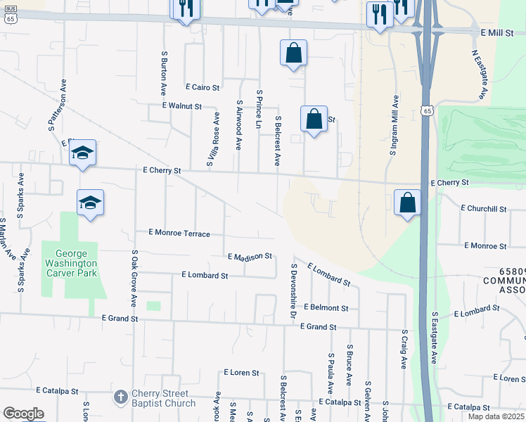map of restaurants, bars, coffee shops, grocery stores, and more near 629 South Belcrest Avenue in Springfield