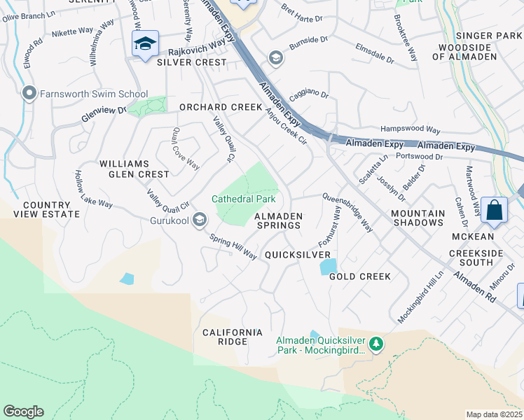 map of restaurants, bars, coffee shops, grocery stores, and more near 7045 Huntsfield Court in San Jose