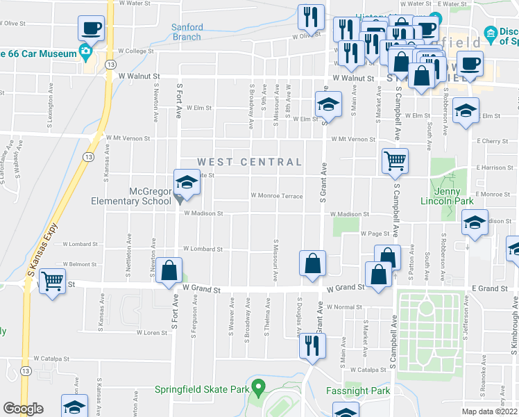 map of restaurants, bars, coffee shops, grocery stores, and more near 929 West Madison Street in Springfield