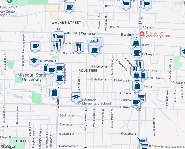 map of restaurants, bars, coffee shops, grocery stores, and more near 713 South Pickwick Avenue in Springfield