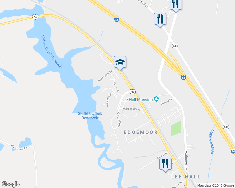map of restaurants, bars, coffee shops, grocery stores, and more near 202 Echo Ridge Court in Newport News