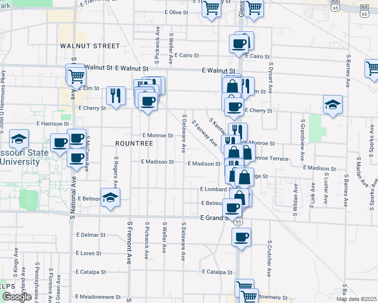 map of restaurants, bars, coffee shops, grocery stores, and more near 711 South Delaware Avenue in Springfield