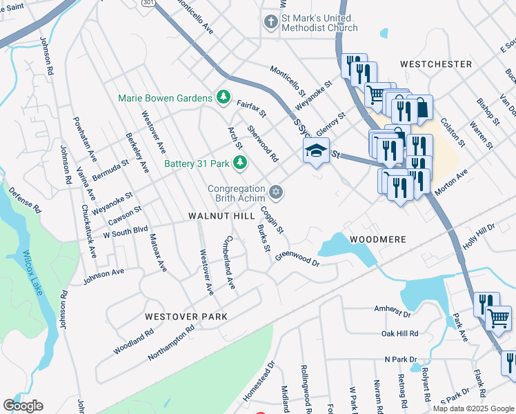 map of restaurants, bars, coffee shops, grocery stores, and more near 404 West South Boulevard in Petersburg