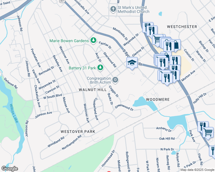 map of restaurants, bars, coffee shops, grocery stores, and more near 404 West South Boulevard in Petersburg