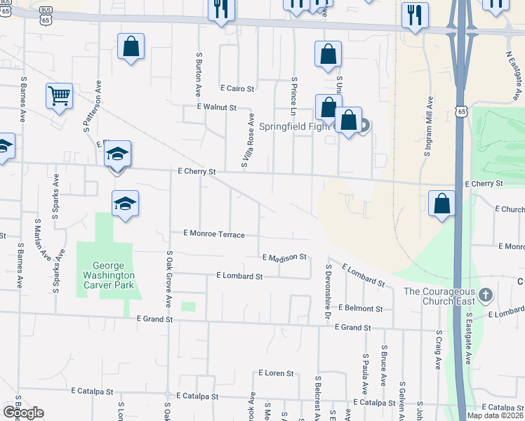 map of restaurants, bars, coffee shops, grocery stores, and more near 2801-2899 E Rockaway St in Springfield