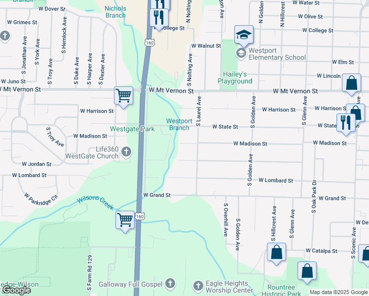 map of restaurants, bars, coffee shops, grocery stores, and more near 3345 West Madison Street in Springfield