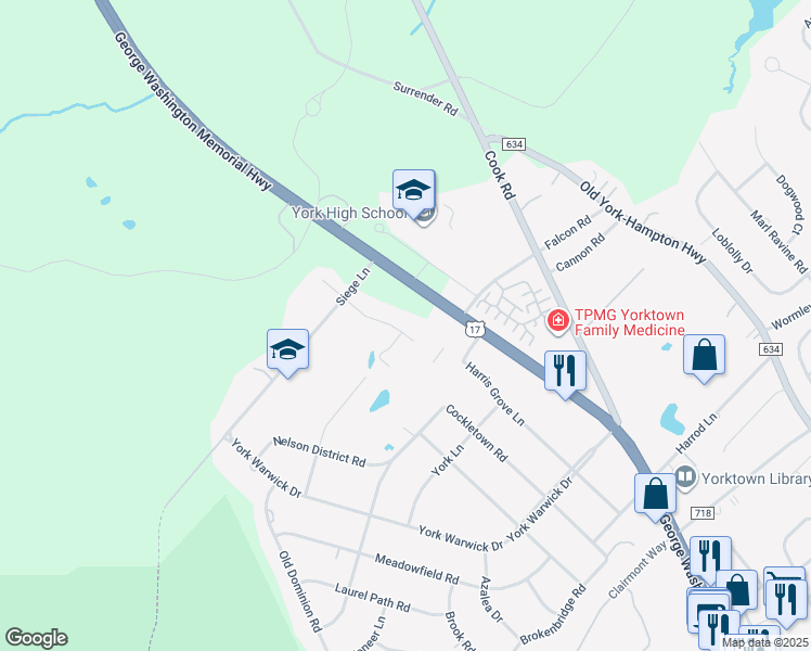 map of restaurants, bars, coffee shops, grocery stores, and more near 111 Runaway Lane in Yorktown