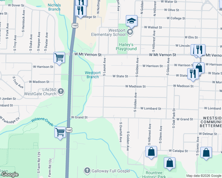 map of restaurants, bars, coffee shops, grocery stores, and more near 3235 West Madison Street in Springfield