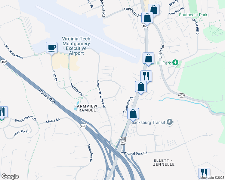 map of restaurants, bars, coffee shops, grocery stores, and more near 307 North Knollwood Drive in Blacksburg