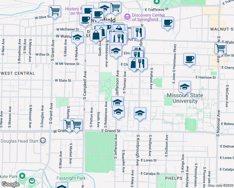 map of restaurants, bars, coffee shops, grocery stores, and more near 684 South Jefferson Avenue in Springfield