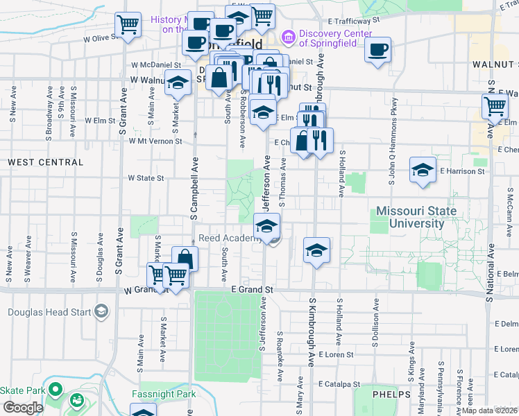 map of restaurants, bars, coffee shops, grocery stores, and more near 300 East Harrison Street in Springfield