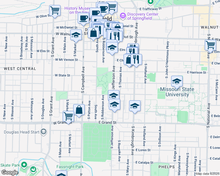 map of restaurants, bars, coffee shops, grocery stores, and more near 300 East Harrison Street in Springfield