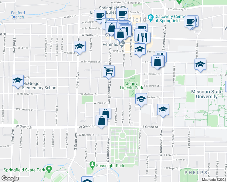 map of restaurants, bars, coffee shops, grocery stores, and more near 724 South Campbell Avenue in Springfield