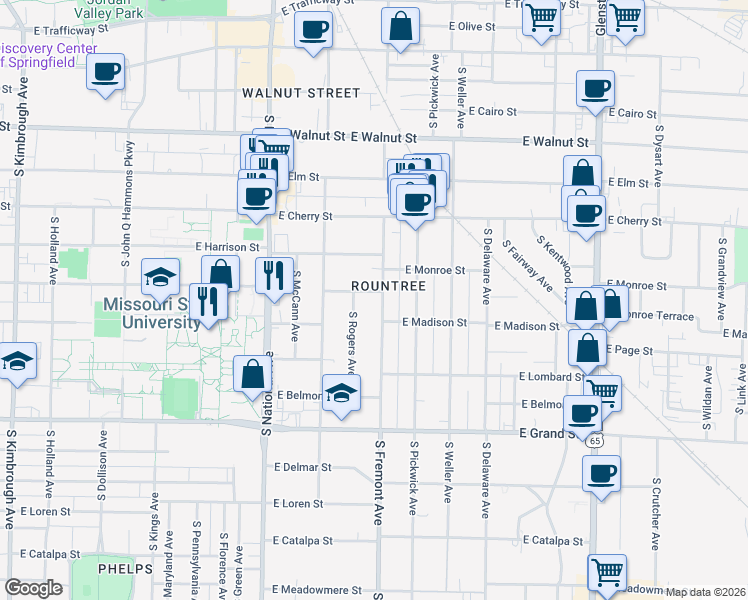 map of restaurants, bars, coffee shops, grocery stores, and more near in Springfield