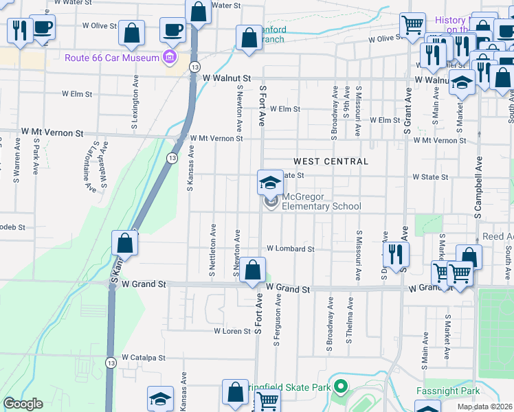 map of restaurants, bars, coffee shops, grocery stores, and more near 753 South Fort Avenue in Springfield