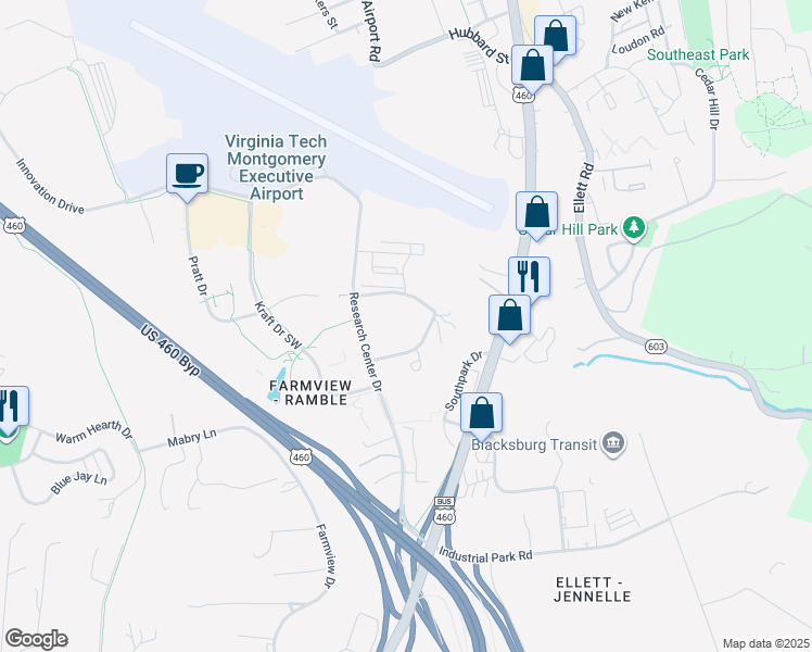 map of restaurants, bars, coffee shops, grocery stores, and more near 307 North Knollwood Drive in Blacksburg