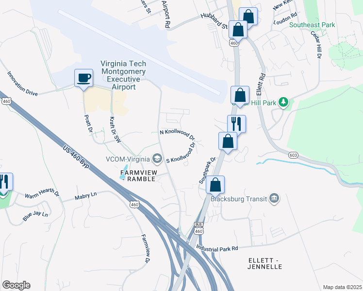 map of restaurants, bars, coffee shops, grocery stores, and more near 215 South Knollwood Drive in Blacksburg
