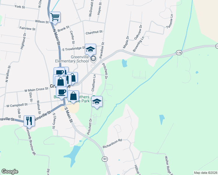 map of restaurants, bars, coffee shops, grocery stores, and more near 100 Pritchett Drive in Greenville
