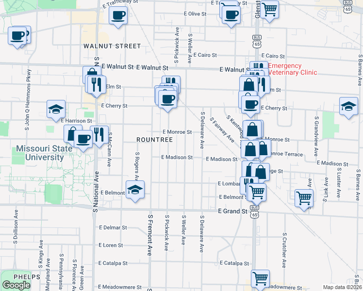 map of restaurants, bars, coffee shops, grocery stores, and more near 711 South Weller Avenue in Springfield