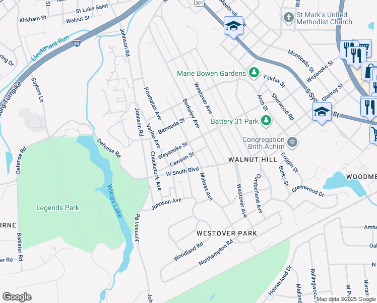 map of restaurants, bars, coffee shops, grocery stores, and more near 1814 Matoax Avenue in Petersburg