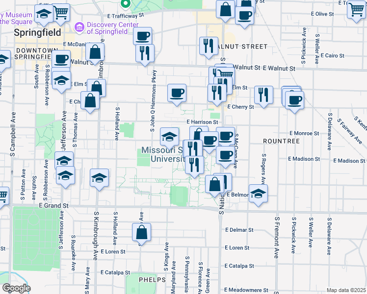 map of restaurants, bars, coffee shops, grocery stores, and more near 1001 East Madison Street in Springfield