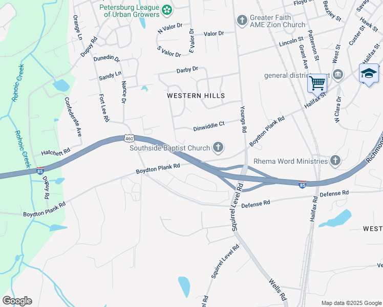 map of restaurants, bars, coffee shops, grocery stores, and more near 1790 Petersburg Street in Hopewell