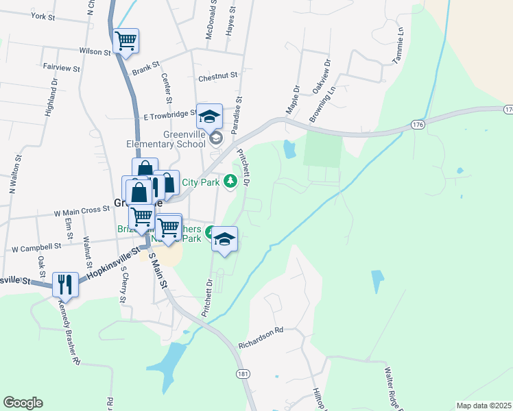 map of restaurants, bars, coffee shops, grocery stores, and more near 100 Pritchett Drive in Greenville