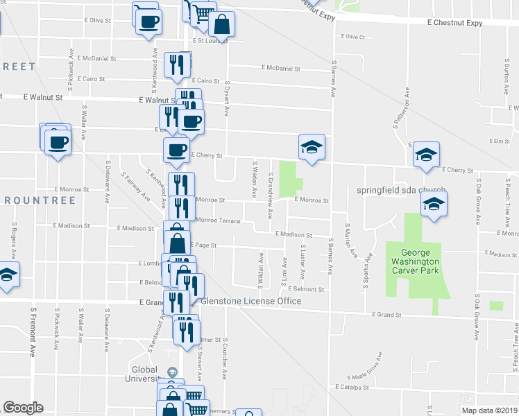 map of restaurants, bars, coffee shops, grocery stores, and more near 1961 East Monroe Street in Springfield