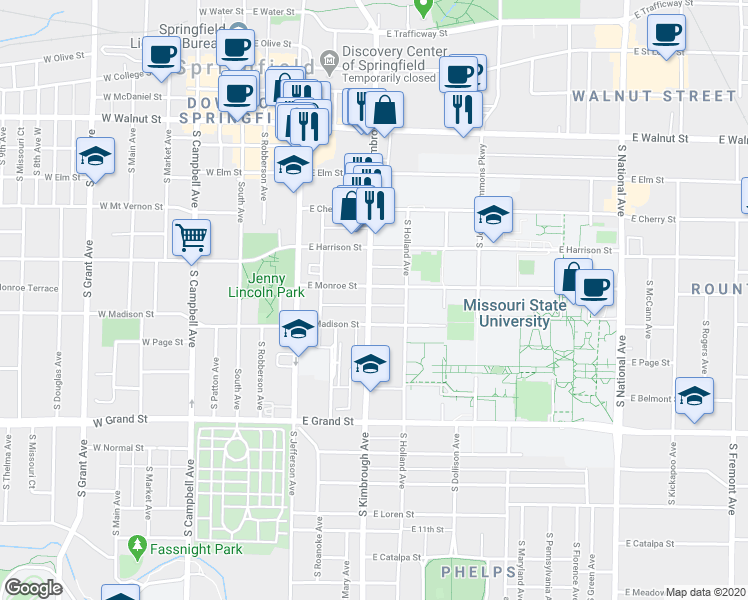 map of restaurants, bars, coffee shops, grocery stores, and more near 610 Bear Boulevard in Springfield