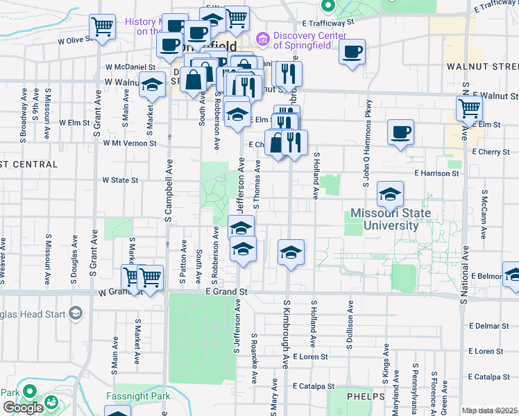 map of restaurants, bars, coffee shops, grocery stores, and more near 684 South Jefferson Avenue in Springfield