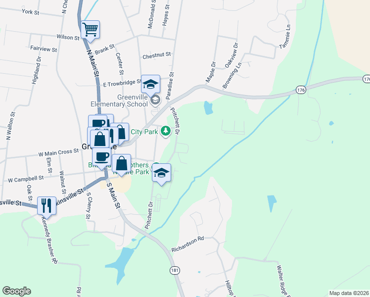 map of restaurants, bars, coffee shops, grocery stores, and more near 100 Pritchett Drive in Greenville