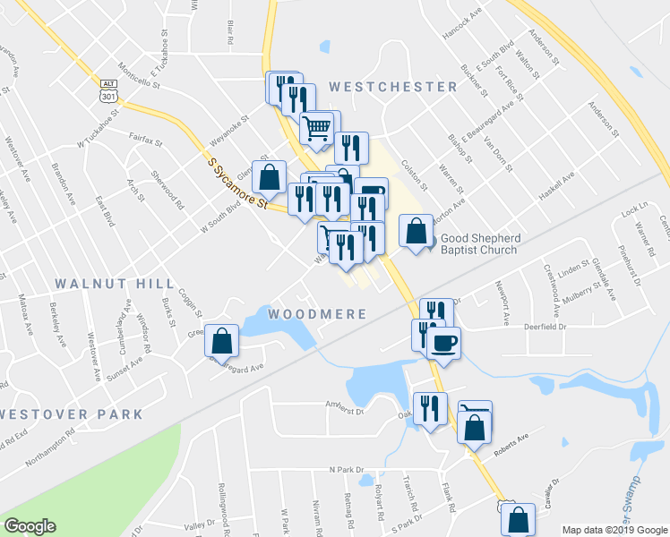 map of restaurants, bars, coffee shops, grocery stores, and more near 2120 South Crater Road in Petersburg