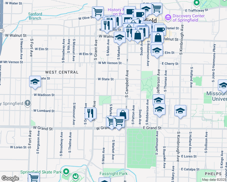map of restaurants, bars, coffee shops, grocery stores, and more near 728 South Main Avenue in Springfield