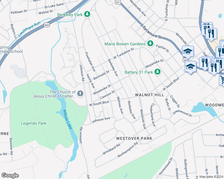 map of restaurants, bars, coffee shops, grocery stores, and more near 1814 Matoax Avenue in Petersburg