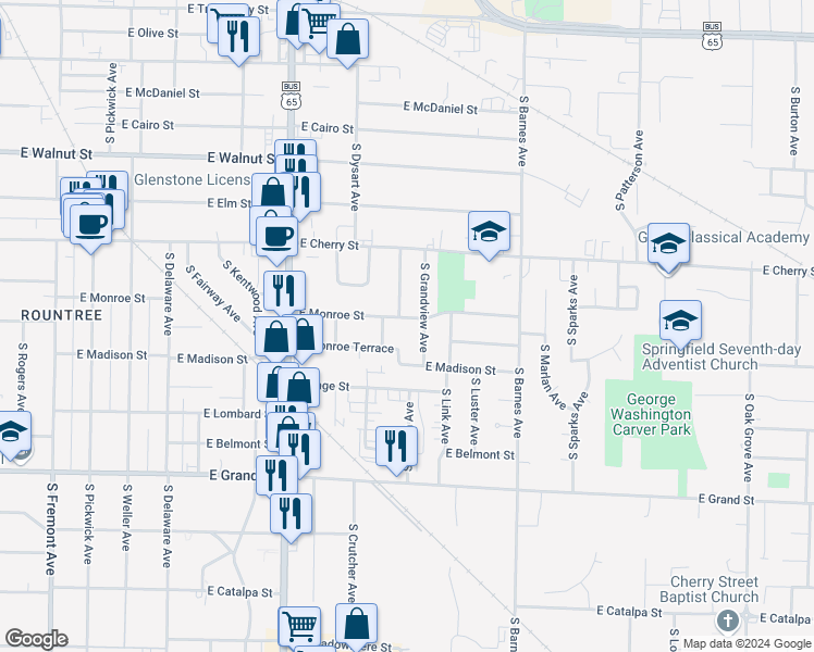 map of restaurants, bars, coffee shops, grocery stores, and more near 2008 East Monroe Street in Springfield
