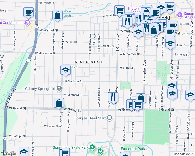 map of restaurants, bars, coffee shops, grocery stores, and more near 728 South Missouri Avenue in Springfield