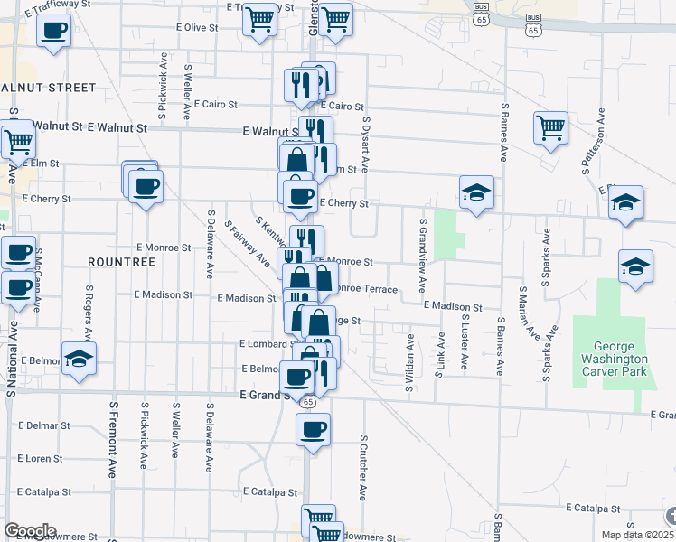 map of restaurants, bars, coffee shops, grocery stores, and more near 1825 East Monroe Street in Springfield