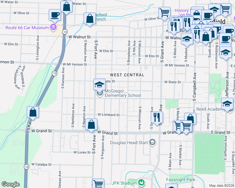 map of restaurants, bars, coffee shops, grocery stores, and more near 1025 West Monroe Terrace in Springfield