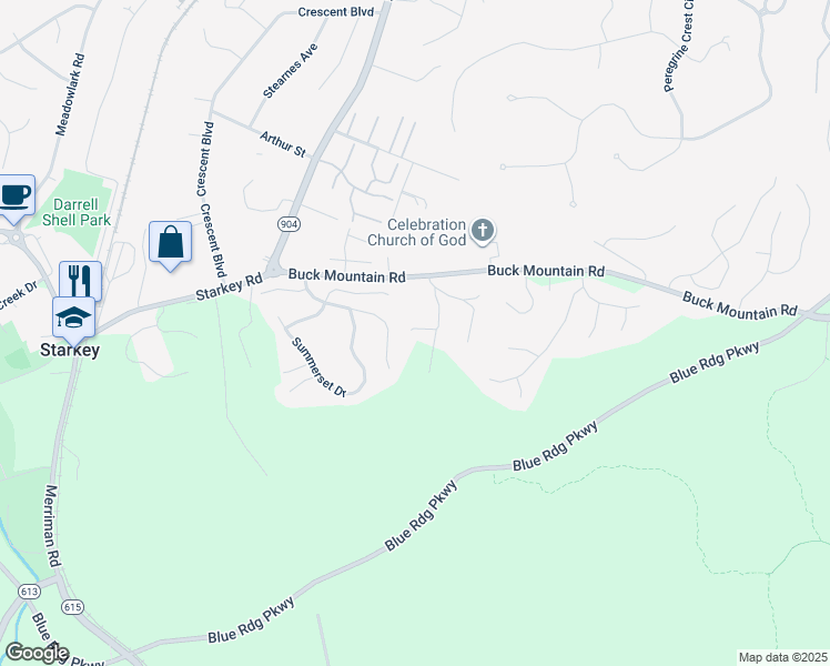 map of restaurants, bars, coffee shops, grocery stores, and more near 4361 Rock Garden Lane in Roanoke