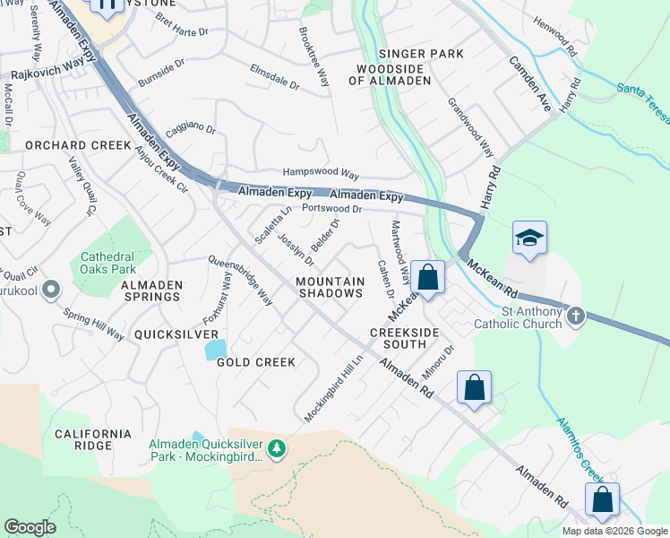 map of restaurants, bars, coffee shops, grocery stores, and more near 7182 Silver Lode Lane in San Jose